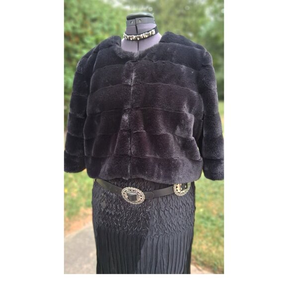Joseph Ribkoff Black Faux 3/4 length Sleeve Fur Jacket and Scarf size 16 - Picture 6 of 9